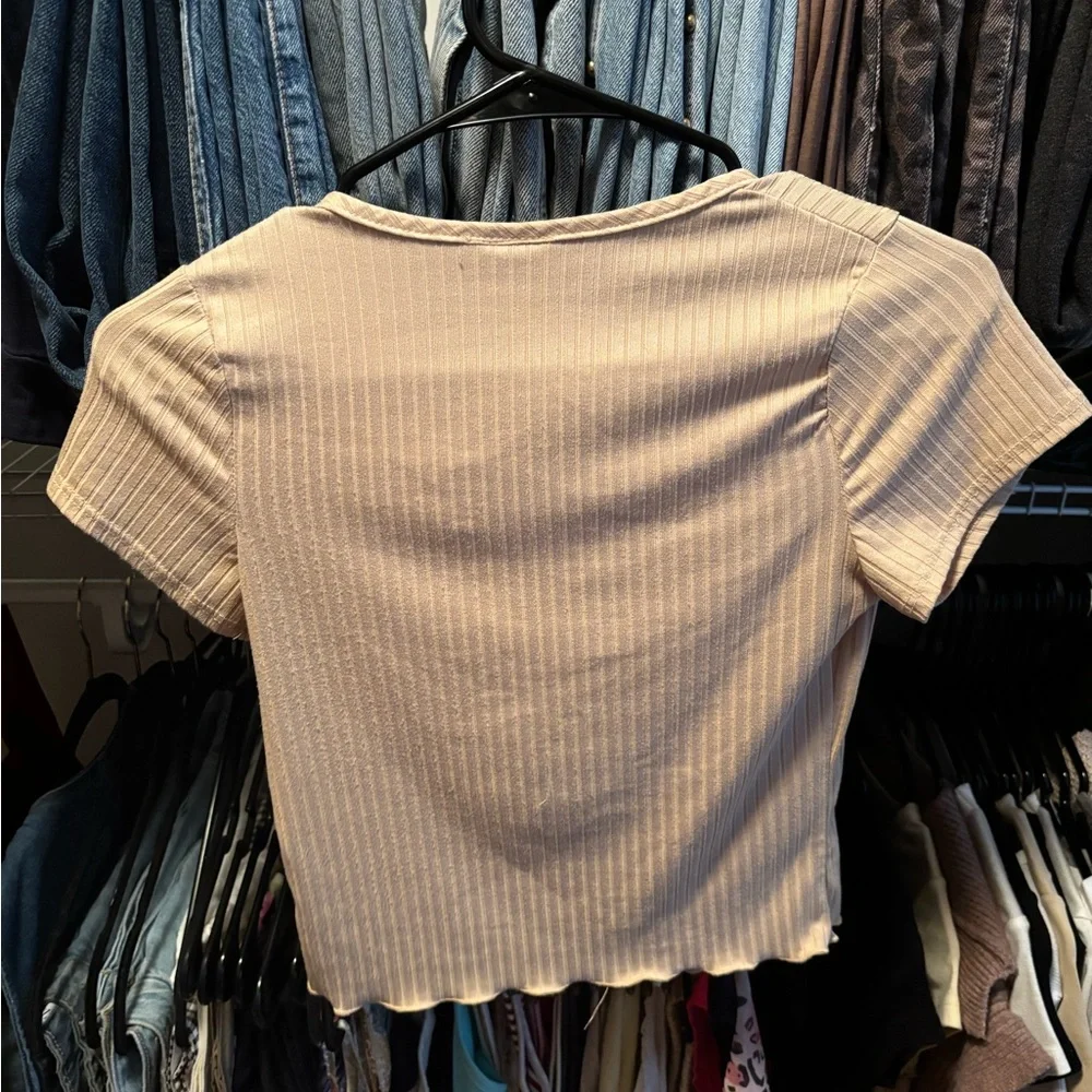 Beige Ribbed Tie-Front Top - Picture 2 of 2